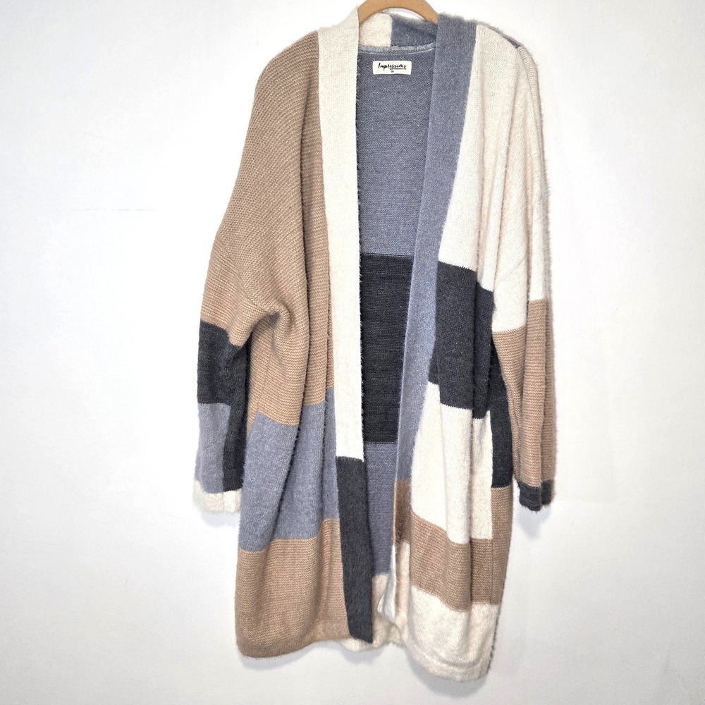 Impressions Cardigan Womens 1X/2X Colorblock Fuzzy Open Front ATW14160P